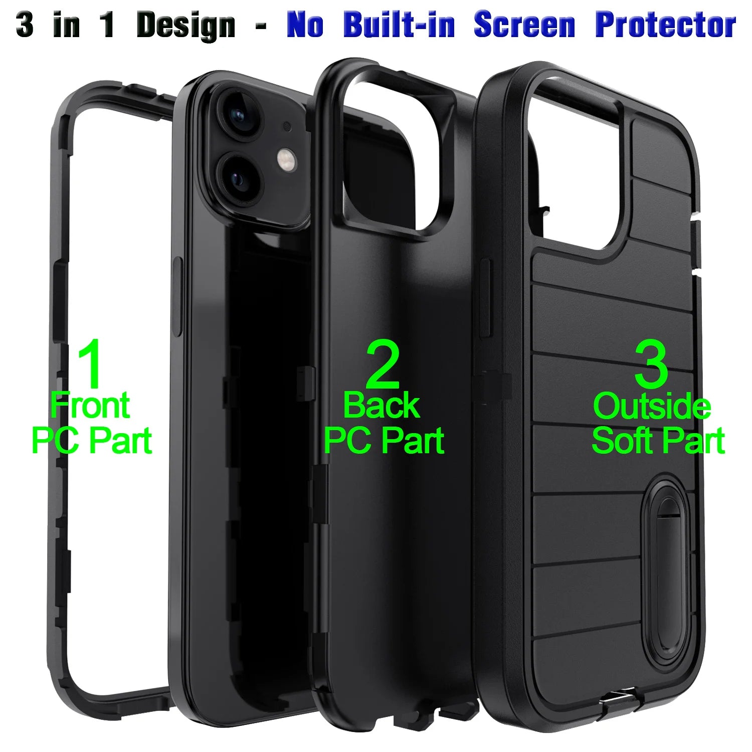 For iPhone 11 12 13 14 15 16 Plus Pro Max Case Heavy Duty Shockproof Hybrid Rugged Kickstand Cover Black