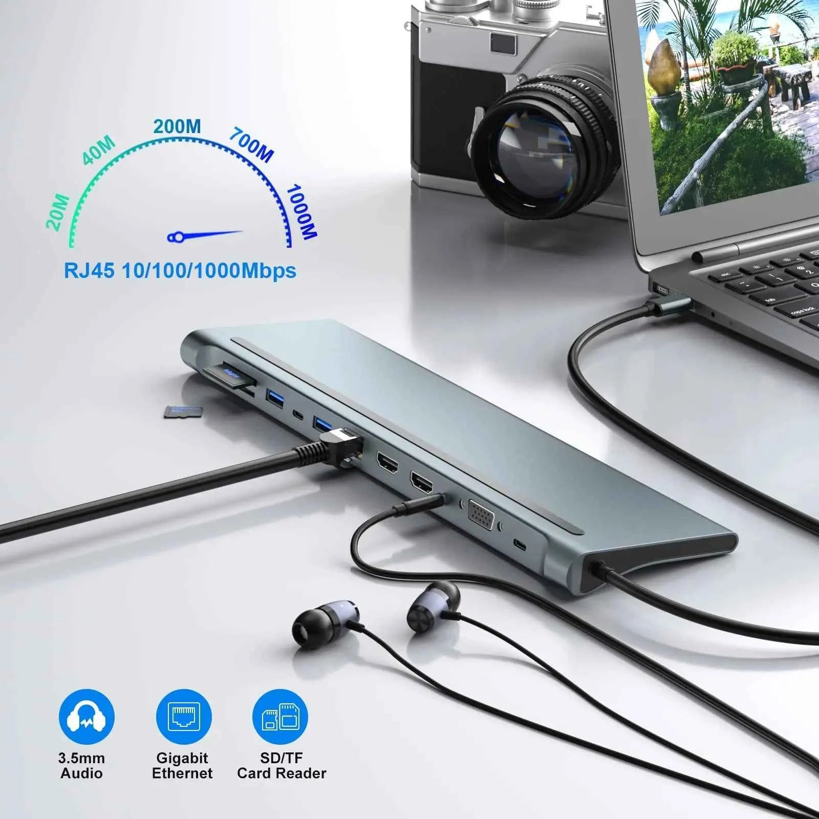 12 in 1 MST USB C Docking Station with USB Ports Dual 4K HDTV VGA 3.5 Audio PD 100W SD TF Ethernet Laptop for MacBook Dell XPS