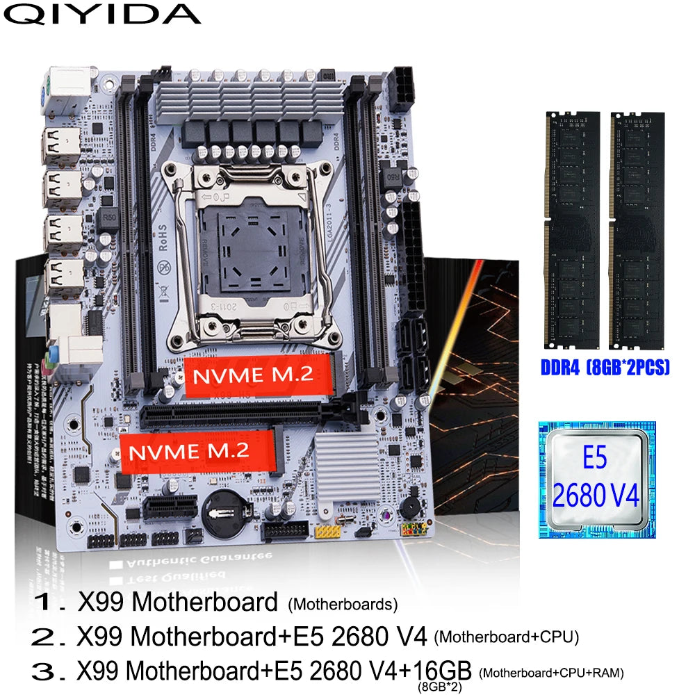 QIYIDA X99 Motherboard Set Kit Xeon LGA2011-3 E5 2680 V4 2x8gb=16GB DDR4 SATA PCI3.0 NVME M.2 X99H5 Gaming Computer - WinSupport Tech