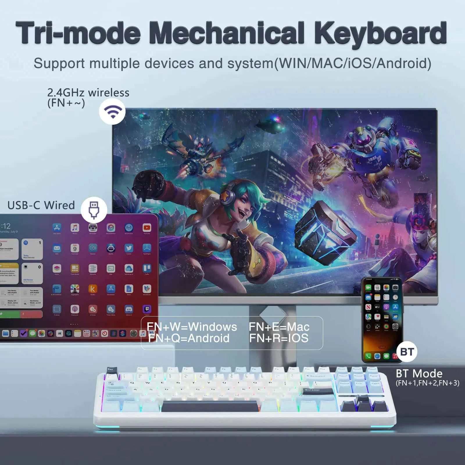 AULA F87 Wireless Keyboard 87 Keys Compact TKL 3 Modes Gasket Gaming Keyboard Hot-Swap RGB Custom RGB Backlit Bluetooth Keyboard