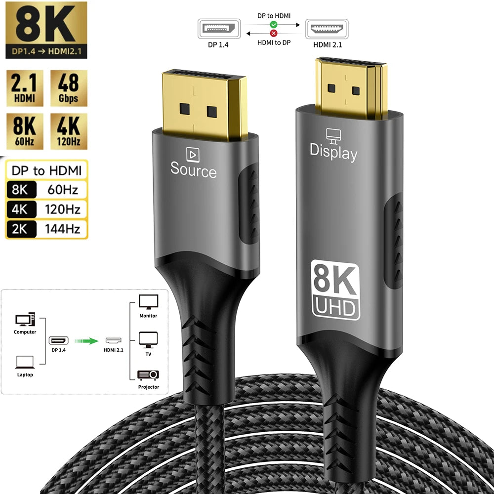 8K DisplayPort to HDMI Compatible Cable 8K@60Hz 4k@120hz DP to HDMI Adapter Display Port Video Audio for PC HDTV Projector Xbox - WinSupport Tech