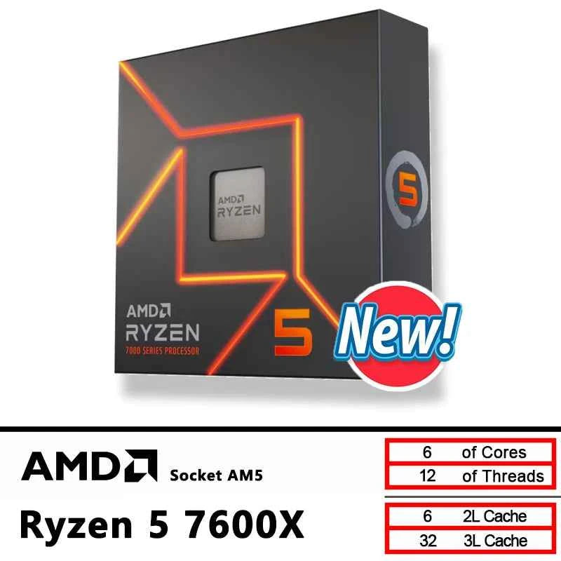 AMD New Ryzen 5 7600X CPU R5 7600X 4.7 GHz 6-Core 12-Thread 5NM L3=32M 100-000000593 Socket AM5 Sealed Without cooler