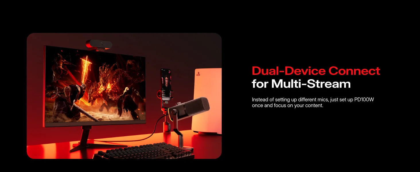 MAONO PD100W Wireless Dynamic Microphone Cardioid Dynamic Mic 50m Range One-Touch Noise Reduction RGB for Gaming Live Streaming