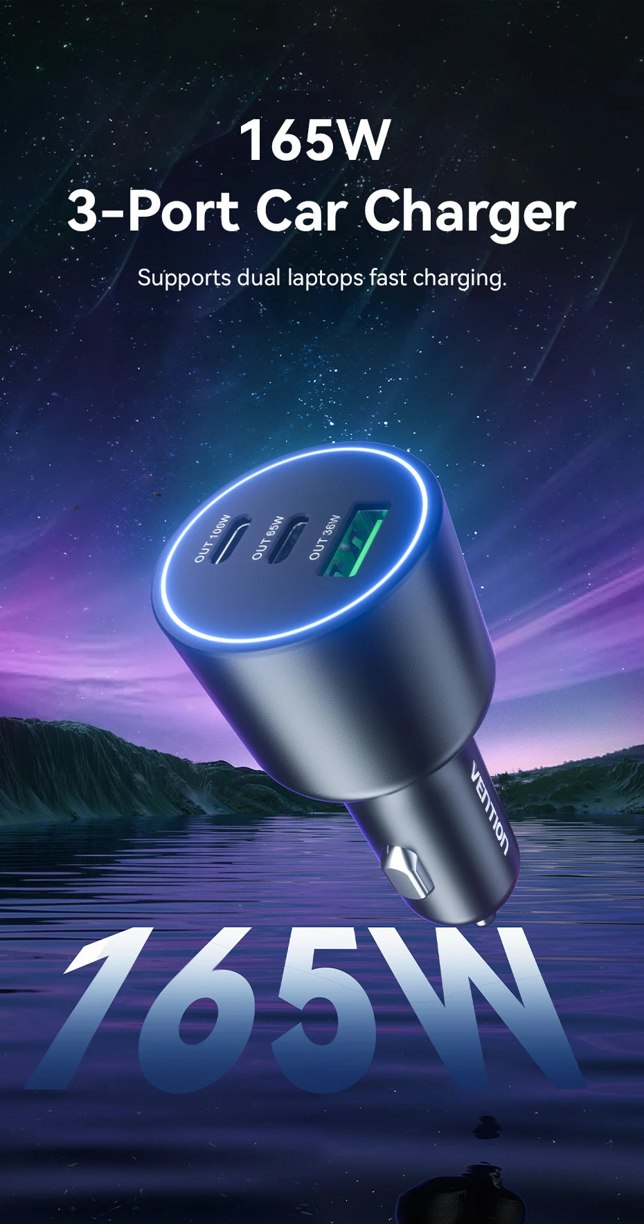 Vention 165W USB C Car Charger 3-Ports PD QC 4.0 45W For Samsung S25 iPhone 17 16 Macbook 100W Fast Charging Adapter With LED