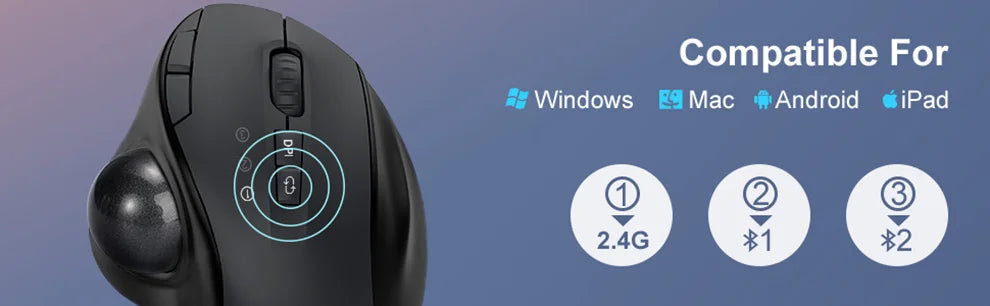 Jomaa Black 2.4G + Bluetooth Wireless Trackball Mouse Rechargeable Rollerball Mice Ergonomic Mice Thumb Control Mouse Gaming