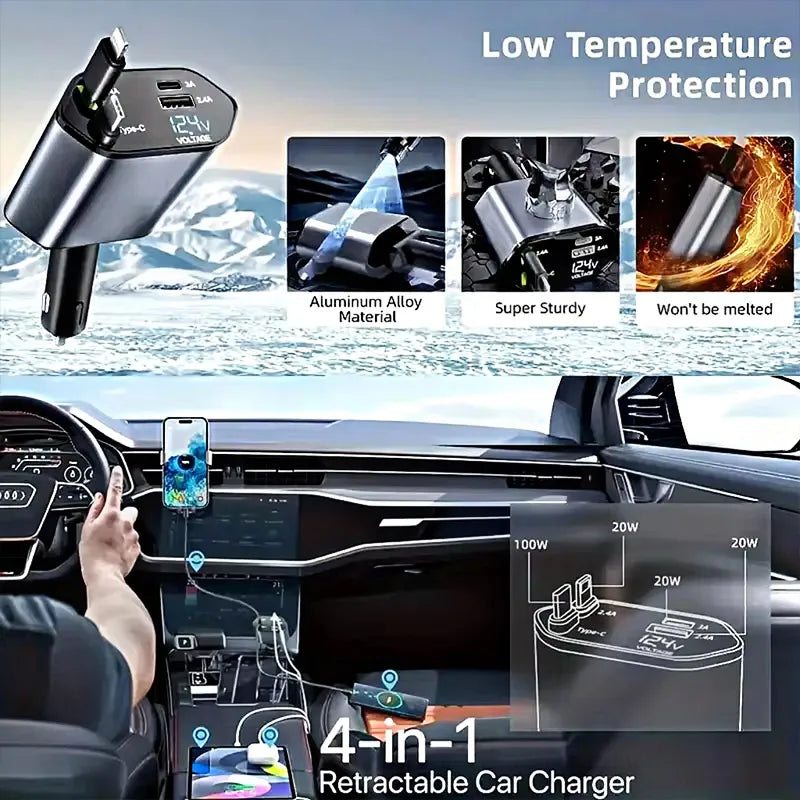 120W 4 in 1 Car Charger Retractable Car Cigarette Lighter Adapter USB Type C Fast Charger Cable For IPhone Xiaomi Huawei Samsung
