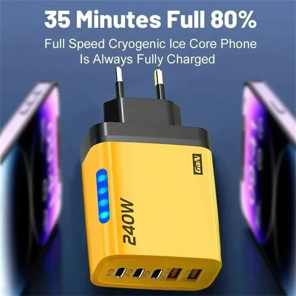 5 in 1 GaN USB C Desktop Charger 240W Fast Charge Phone Adapter Type C Cable For iPhone Samsung Xiaomi EU/US/UK Plug Charger