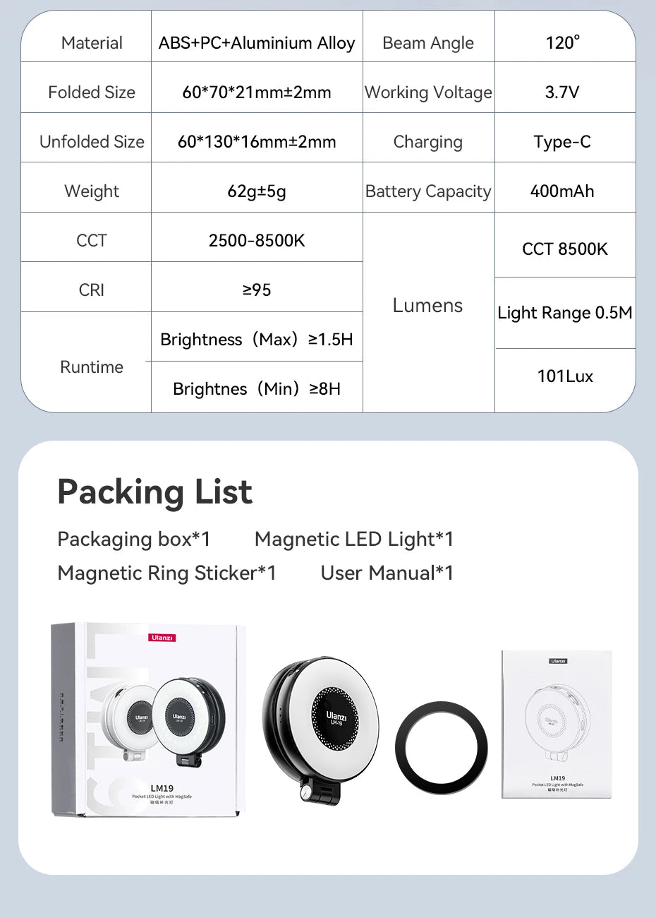 Ulanzi LM19 MagSafe Light CRI 95+ for Vlog Livestream Photograph Bi-Color Flip Fill Light Suitable for Magnetic Mobile Phones