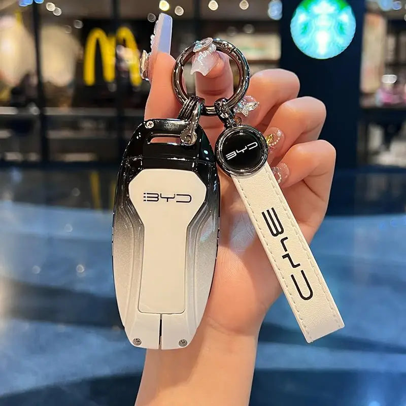 Zinc Alloy New Leather Car Key Case Cover Shell Fob For BYD Song Plus Atto 3 Han EV DM Qin Seal Dolphin Protective Auto Keychain