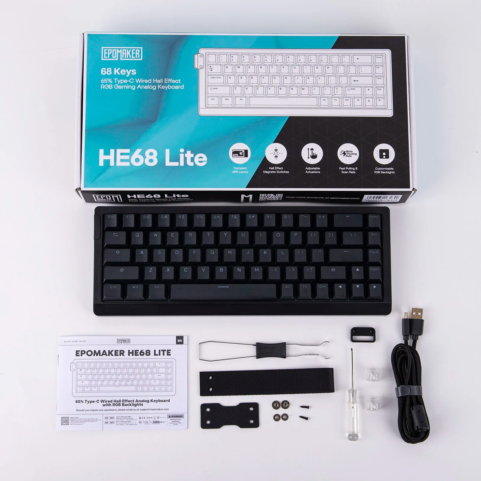 EPOMAKER HE68 Lite 65% Layout Tray-Mounted Wired Hall Effect NKRO Magnetic Keyboard DKS SOCD 8kHZ Polling Adjustable Actuation