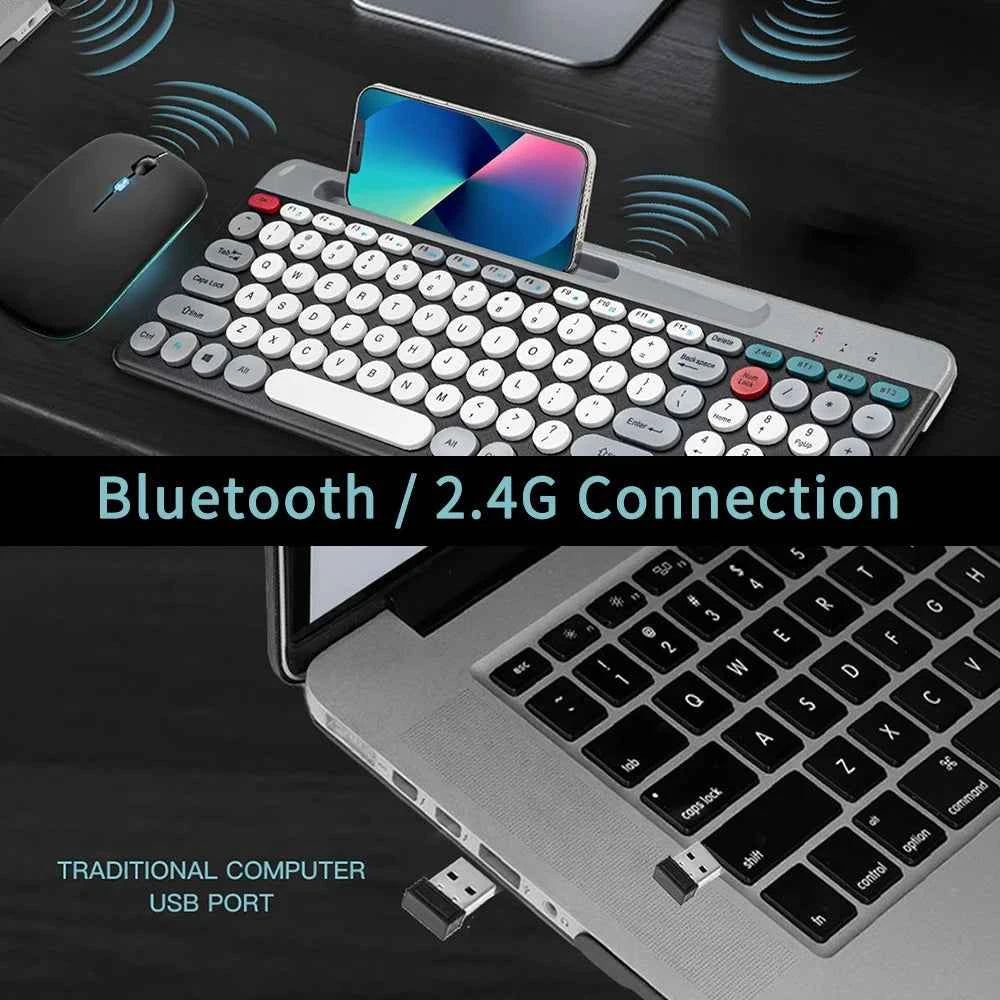 Dual Mode Wireless Keyboard And Mouse Set Vintage Punk Style Round Keycaps Rechargeable Suitable For Laptops Tablets And Desktop