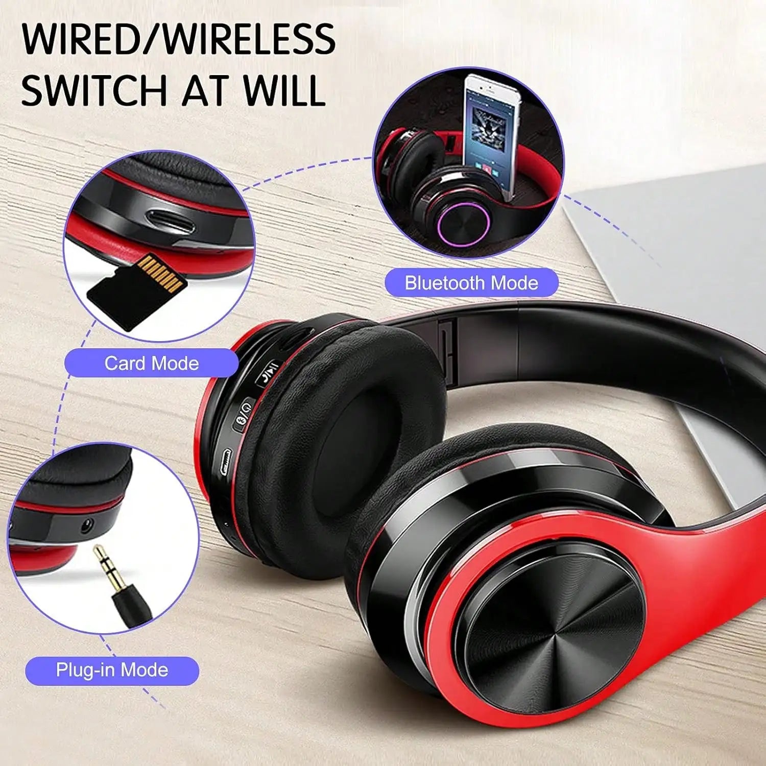 Bluetooth 5.3 Over-Ear Headphones, Active Noise Reduction, Subwoofer Bass, LED Light Design, Foldable Portable Wireless Headset for Gaming, Music, Sports, Phones & Computers