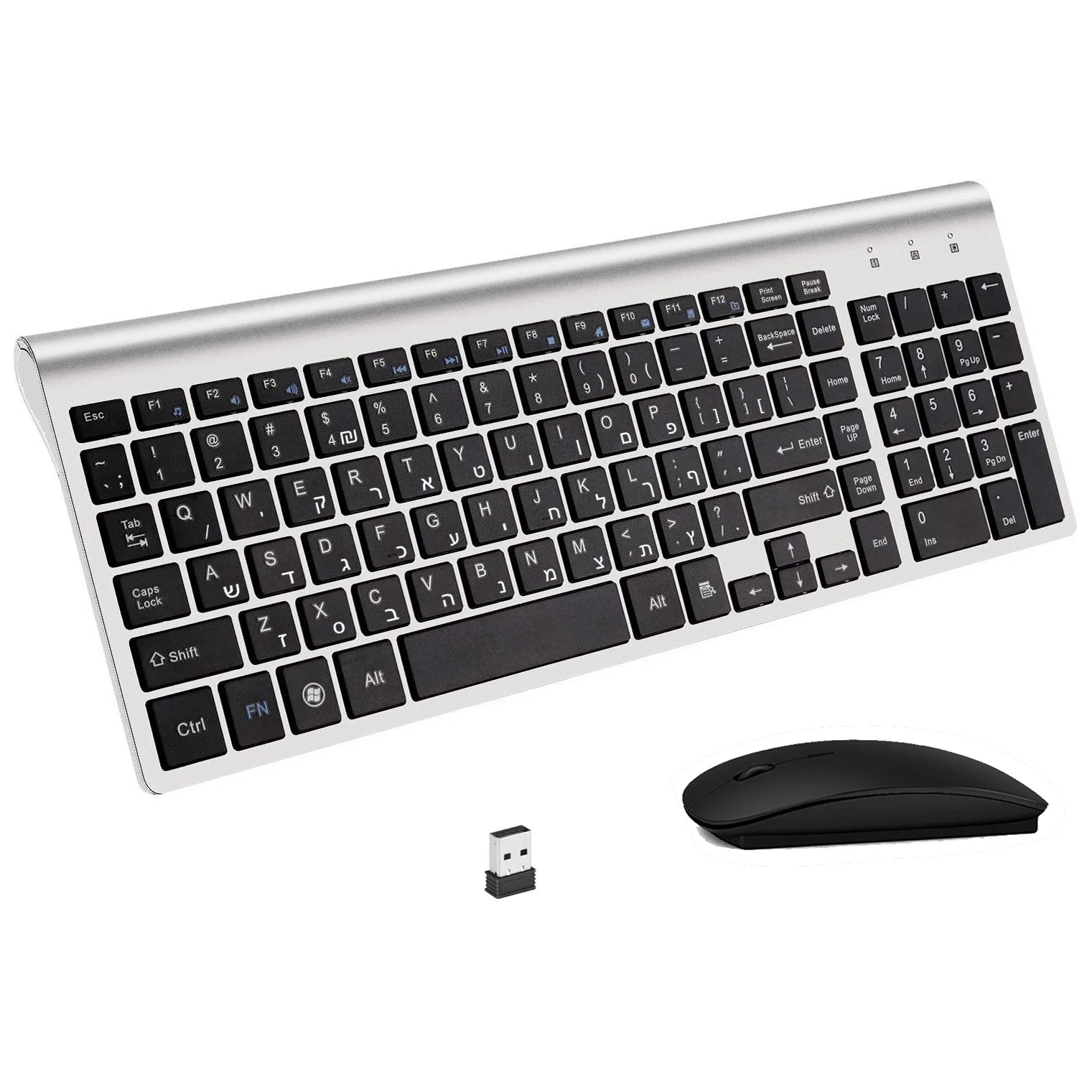 2.4G Hebrew Character Low Noise 101 Keys Wireless Keyboard Mouse Combo Slim Mice Compact Israel Wireless Keyboard for Desktop