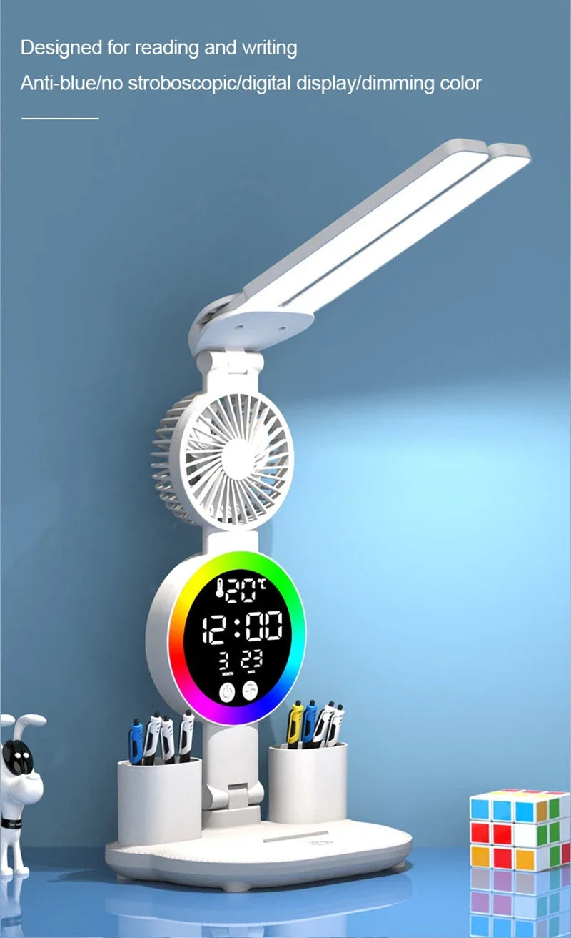 LED Table Lamp with Fan And Clock Display Reading Desk Light for Study Night Light Adjustable Brightness
