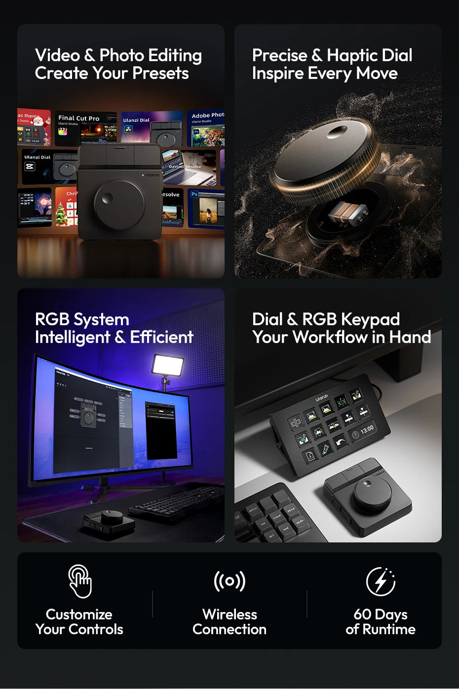Ulanzi D100H Dial Creative Controller Wireless Buletooth for Video Photo Editing Dial Intelligent Studio RGB Keypad Controller