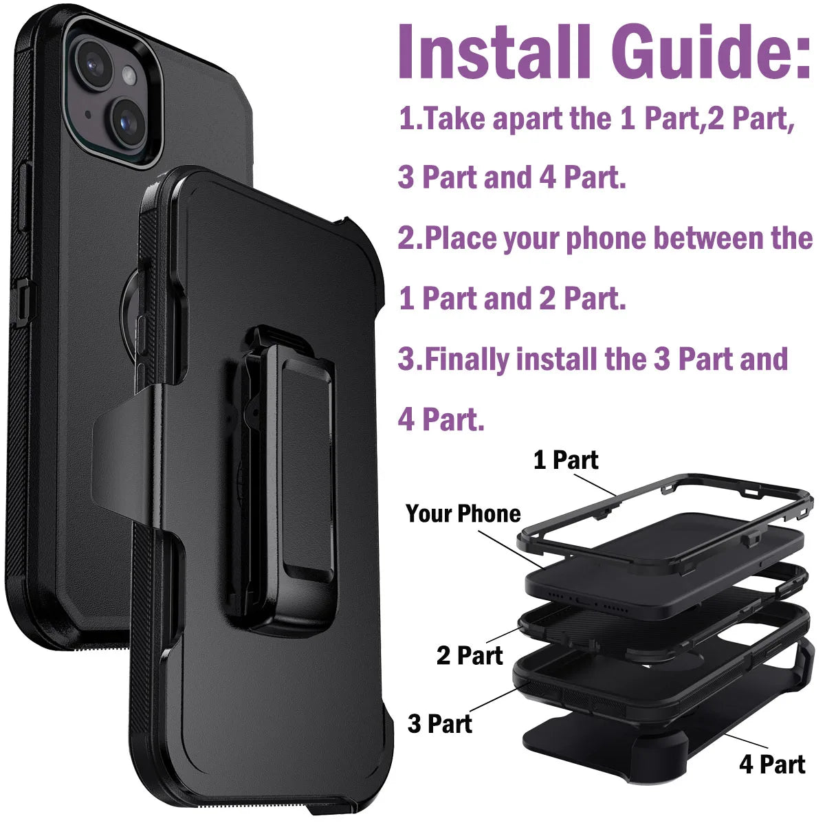 For iPhone 14/14 Plus/14 Pro Shockproof Phone Case Rugged Hybrid Heavy Duty Soft Protective Cover With Belt Clip