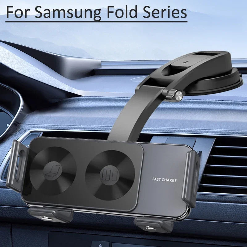 Dual Coil Fold Screen Car Wireless Charger For Samsung Galaxy Z Fold 7 6 5 4 S24 Flip iPhone 17 Pro Max Phone Holder Stand Mount