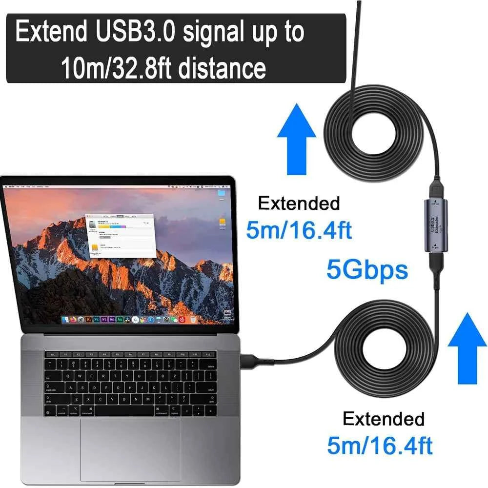 USB3.2 5Gbps 10m/33ft Long-Distance Data Extender Active Signal Amplifier Adapter with 5V/3A Power in, Compact Aluminum Design