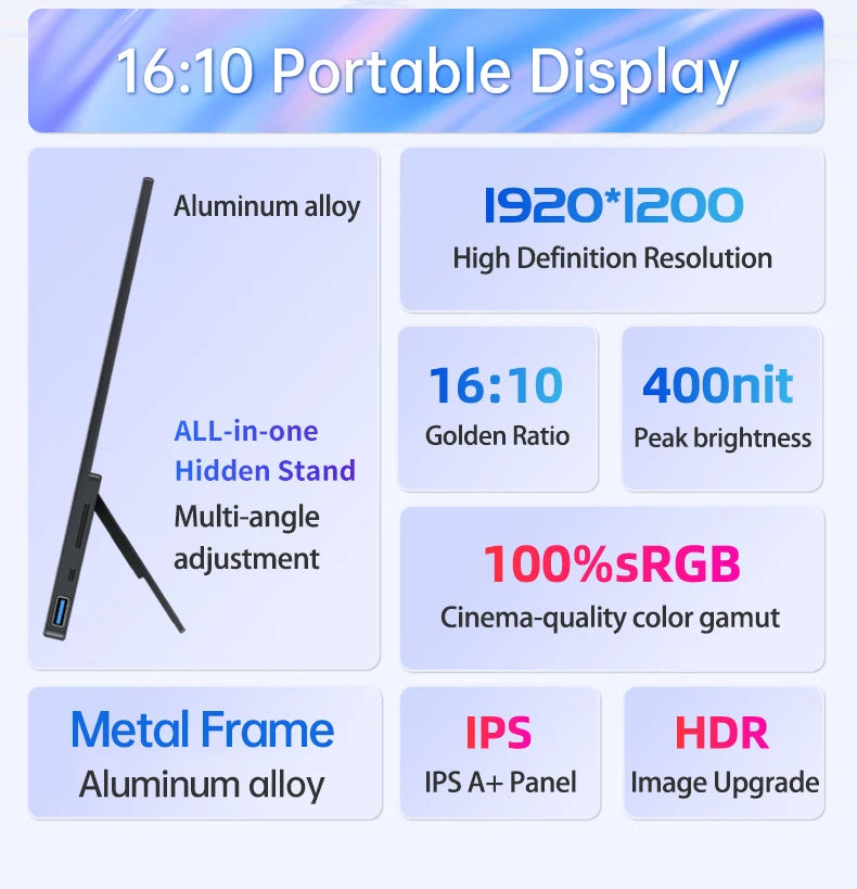 VCHANCE 14 Inch FHD Portable Monitor Metal Frame 1920*1200p 16:10 100%sRGB HDR Travelling Display for PC Xbox Switch ps5 Macbook