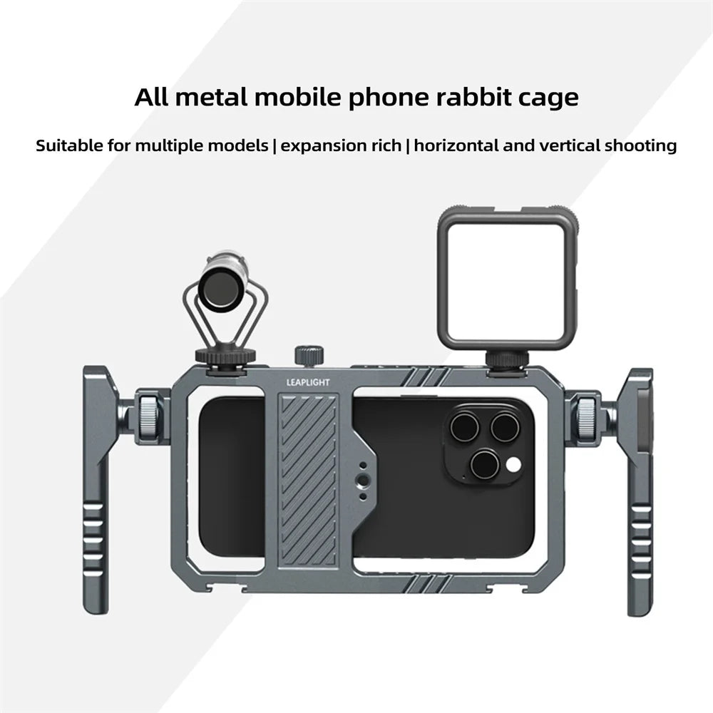 Universal Metal Phone Cage Smart Stabilizer w Handgrip Phone Holder for Iphone 15 14 13 Andriod Mic Led Light Filmmaking Video