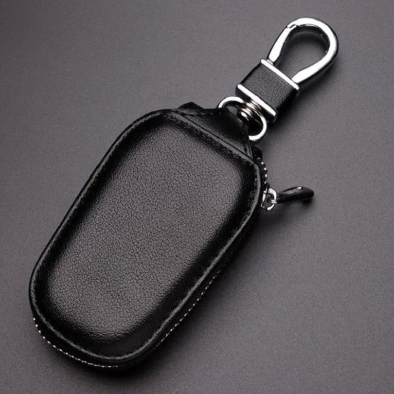 Genuine Cowhide Car Key Case Universal Zipper Leather Key Holder Portable Waist Hanging Auto Remote Fob Key Bag