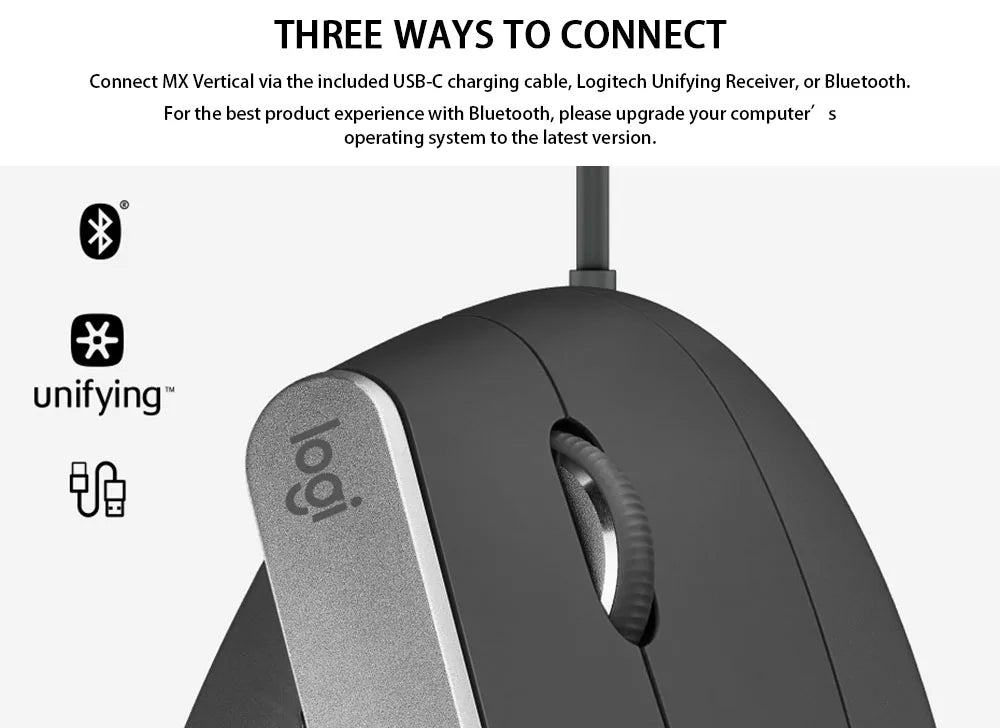 Logitech MX Vertical Wireless Mouse – Ergonomic Design Reduces Muscle Strain, Move Content Between 3 Windows and Apple Computer