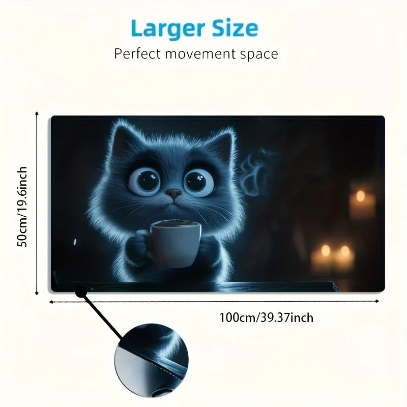 1 Large Gaming Mouse Pad - Non-Slip Washable Surface, Cute Cat Holding Coffee Design, Expressive, Extra-Long Desk Mat for PC, Office, Esports - Ideal Gamer