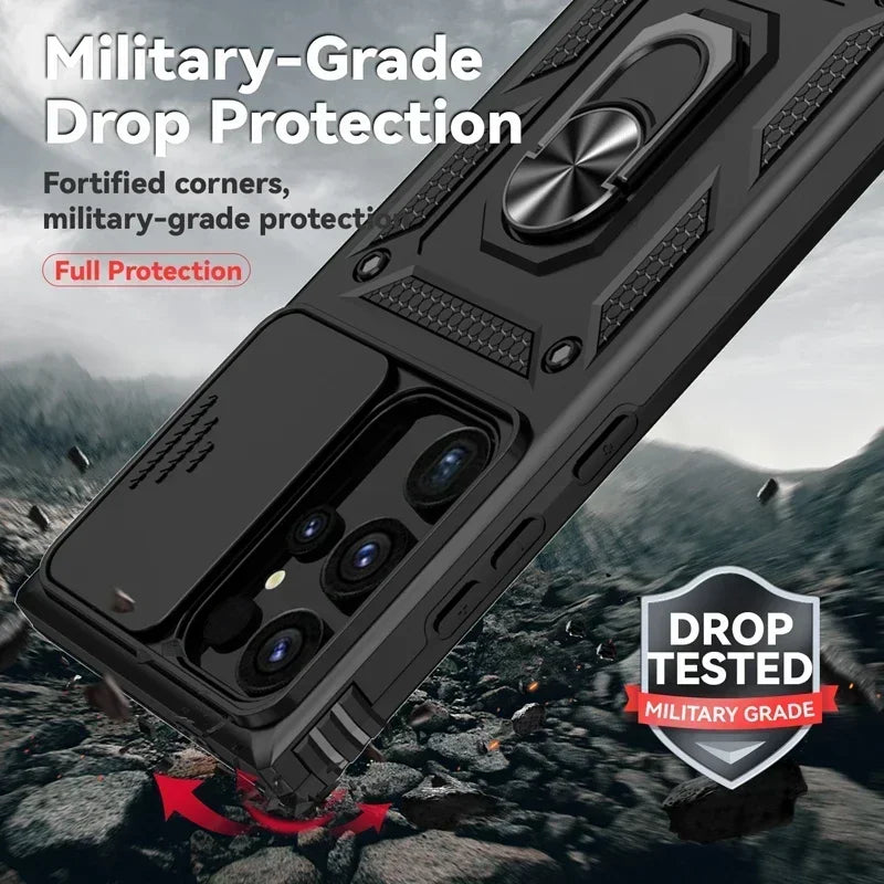Slide Camera Lens Military Grade Armor Case For Samsung Galaxy S25 Ultra Plus S24FE A16 A06 A26 A36 A56 Holder Ring Stand 2026
