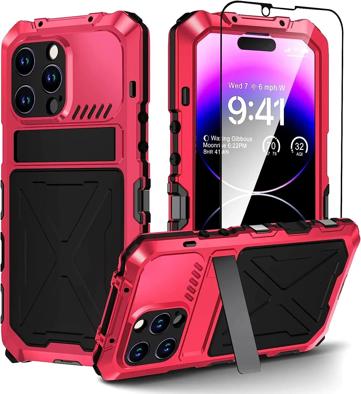 for iPhone 15 14 Pro Max Case Metal Military-Grade Built-in Kickstand & 9H Screen Protector Protective Rugged Heavy Duty Case