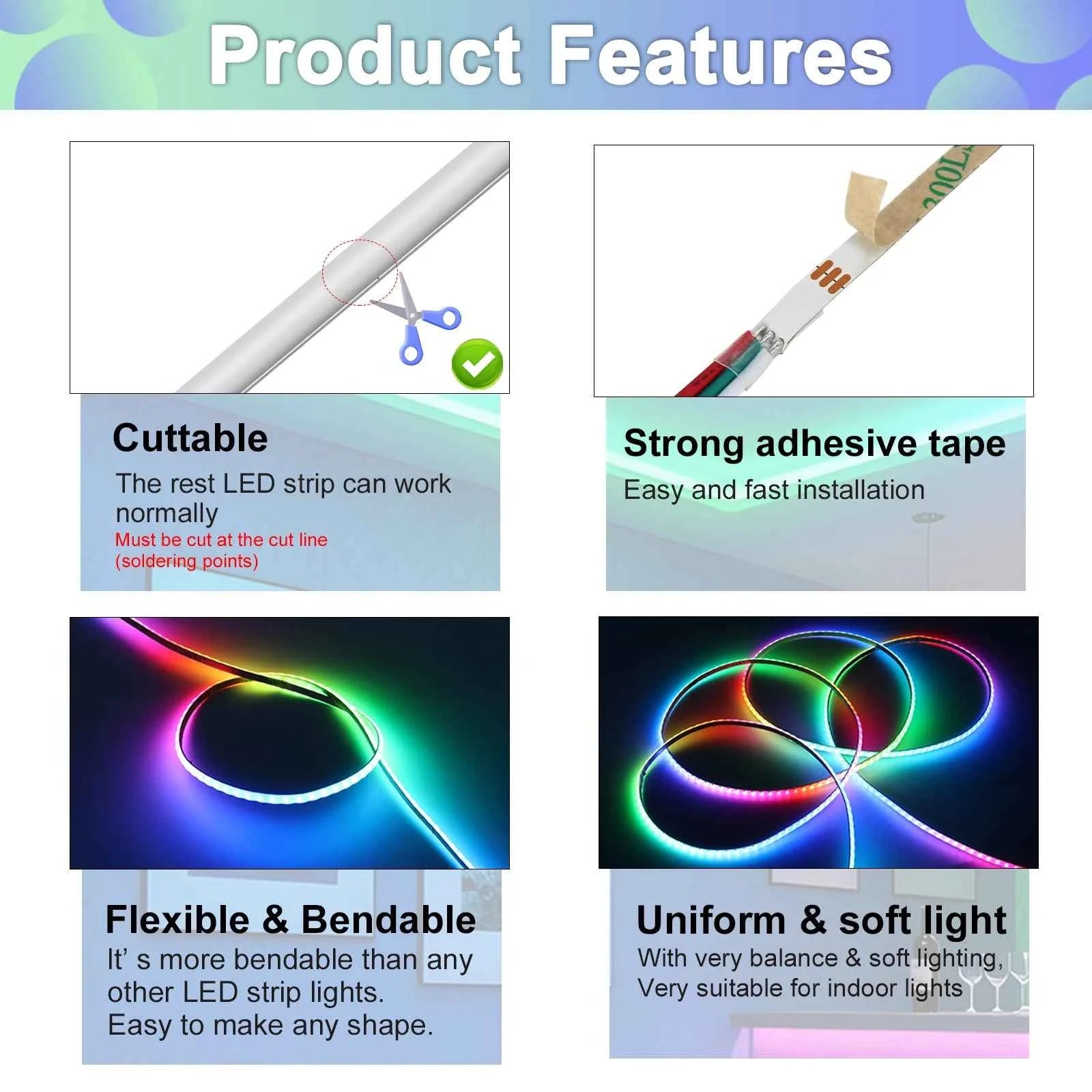5V New 3mm Super Thin Addressable COB LED Strip RGBIC Individual Pixel Control 240LEDs WS2812B Dream Color USB Powered LED Tape