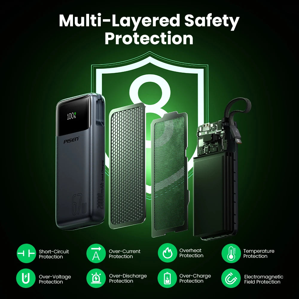 PISEN 20000mAh 67W Power Bank With Fast Charging Cable CCC External Battery For 65W Laptops/ 45W Samsung Phones/ iPhone & iPad