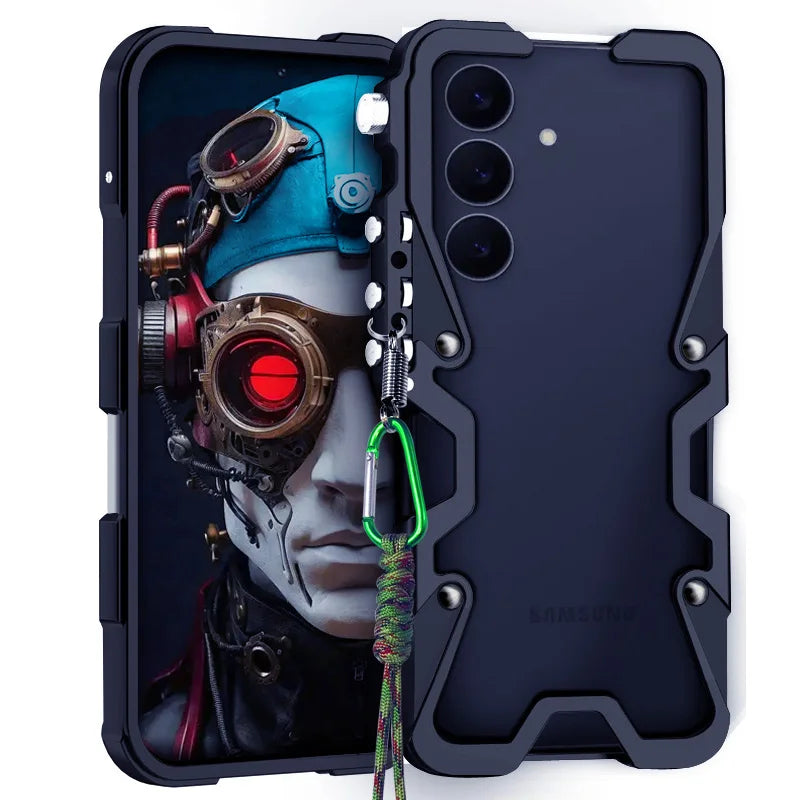 Luxury Armor Metal Aluminum Phone Bumper For Samsung Galaxy S26 S25 S24 Ultra + FE Cover Mechanical Purely Handmade Skull Case