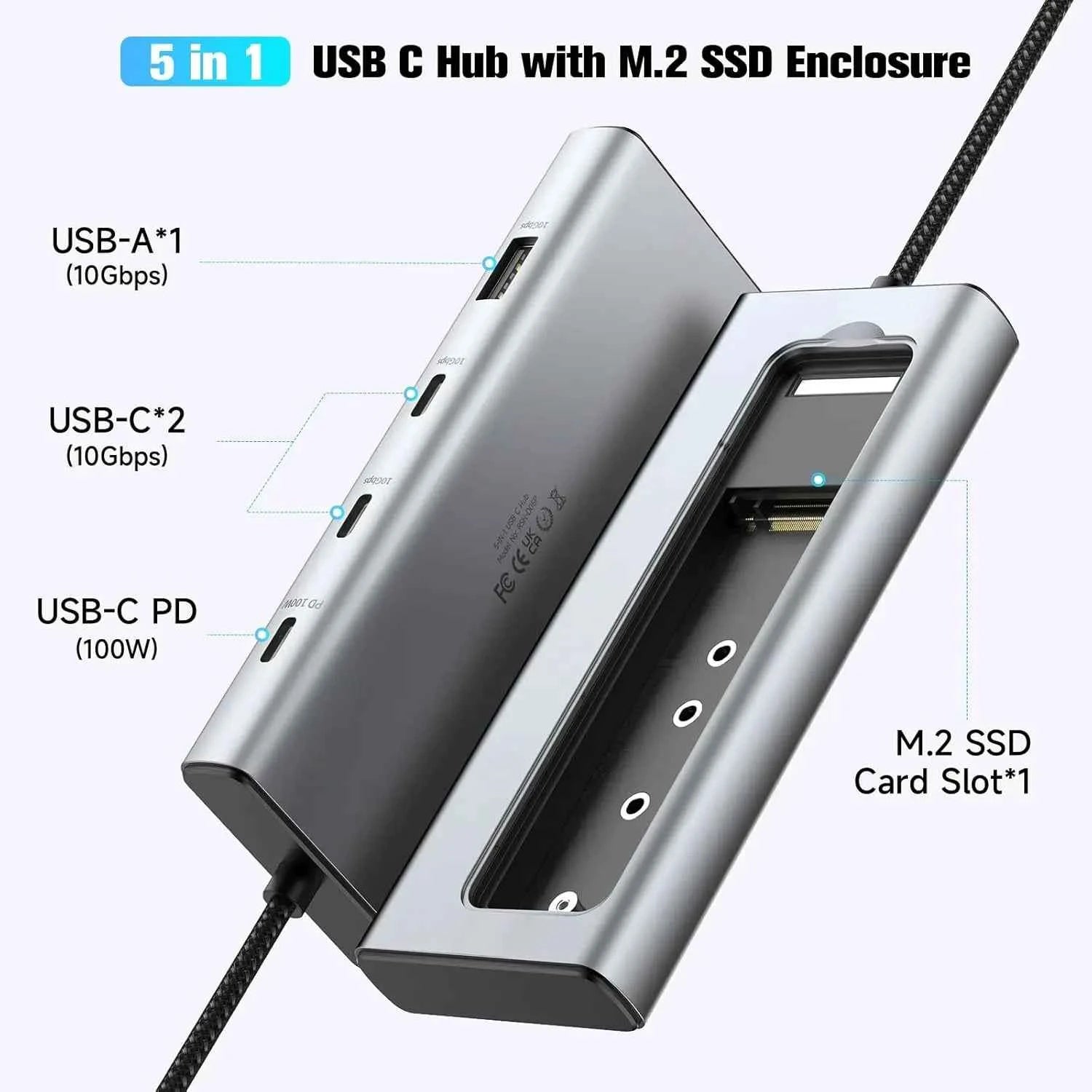 RSHTECH M.2 NVMe/SATA SSD Enclosure 5-in-1 Aluminum 10Gbps USB C Hub with 3 USB 3.2 Data Ports 100W Power Delivery and M2 SSD Docking Station External USB-C to M.2 Caddy for Laptops MacBook