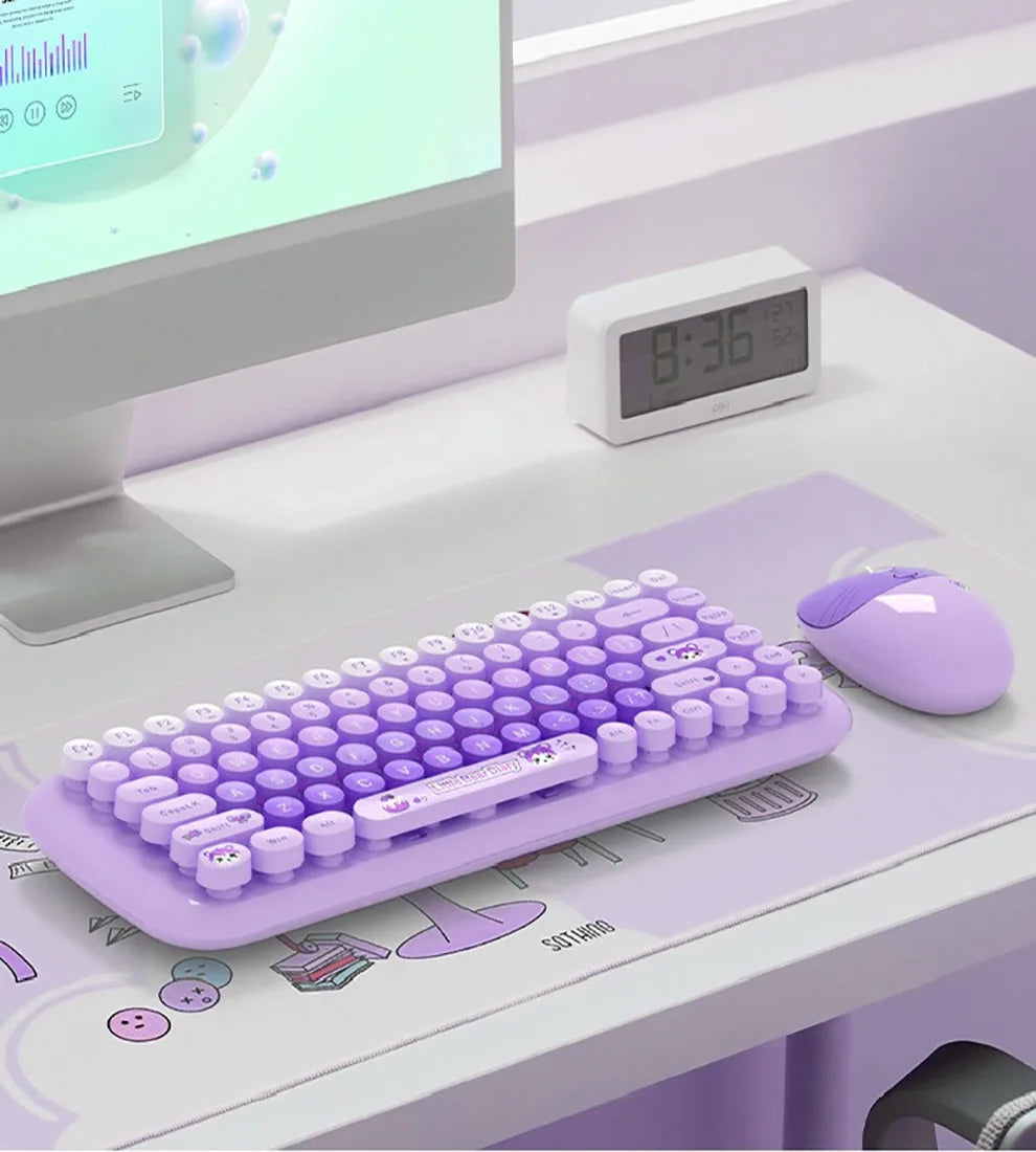 2.4G Wireless Keyboard Mouse Combo 84 Keys Compact Size Colorful Retro Round Keycaps For Laptop/Desktop, Battery Powered