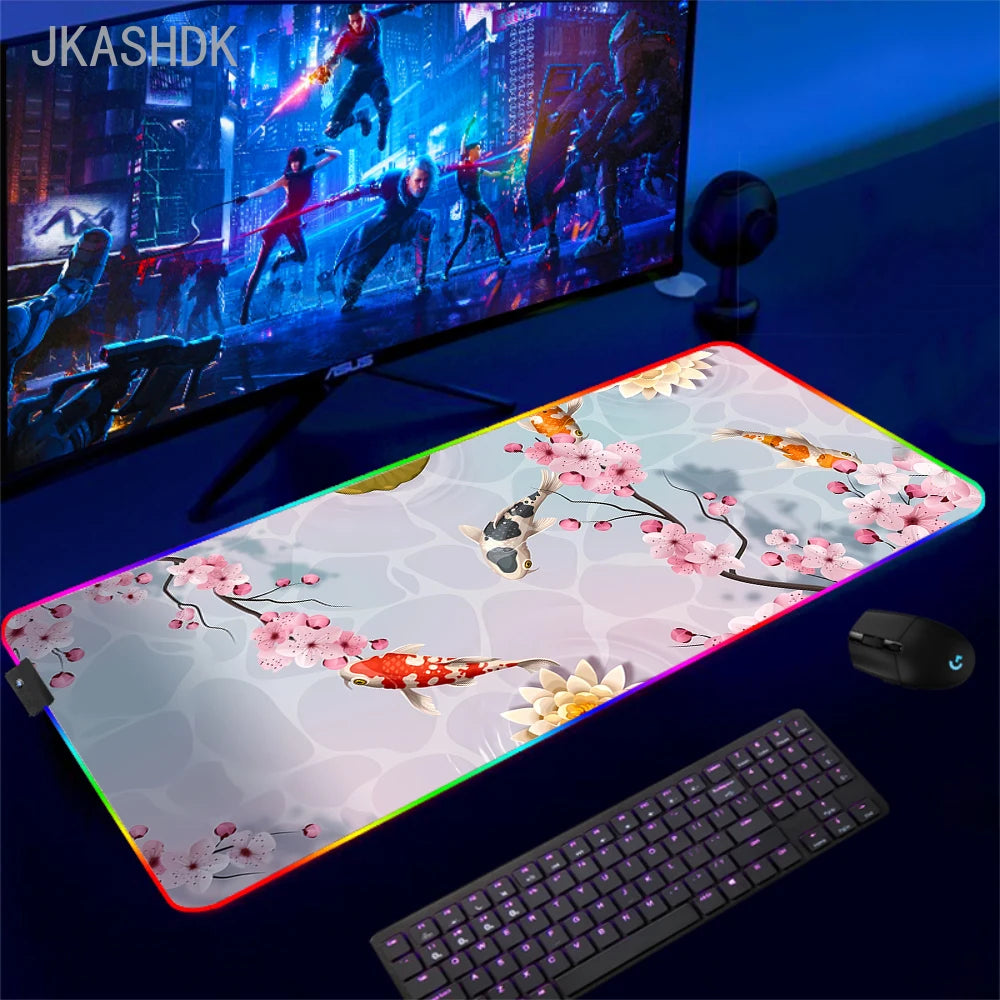 Large RGB Mouse Pad Koi Fish Gaming Mousepad LED Mouse Mat Gamer Mousepads Yin Yang Desk Pads RGB Keyboard Mause Mats XXL 100x50