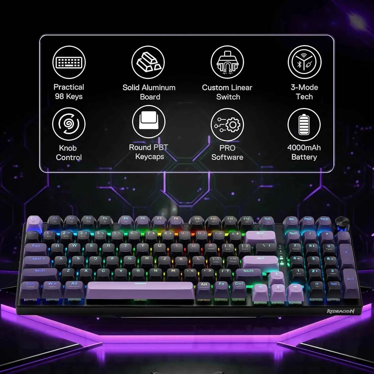 Redragon K740 PRO 98 Keys Wireless RGB Gaming Keyboard, 3-Mode PBT Mechanical Keyboard w/Solid Aluminum Base,