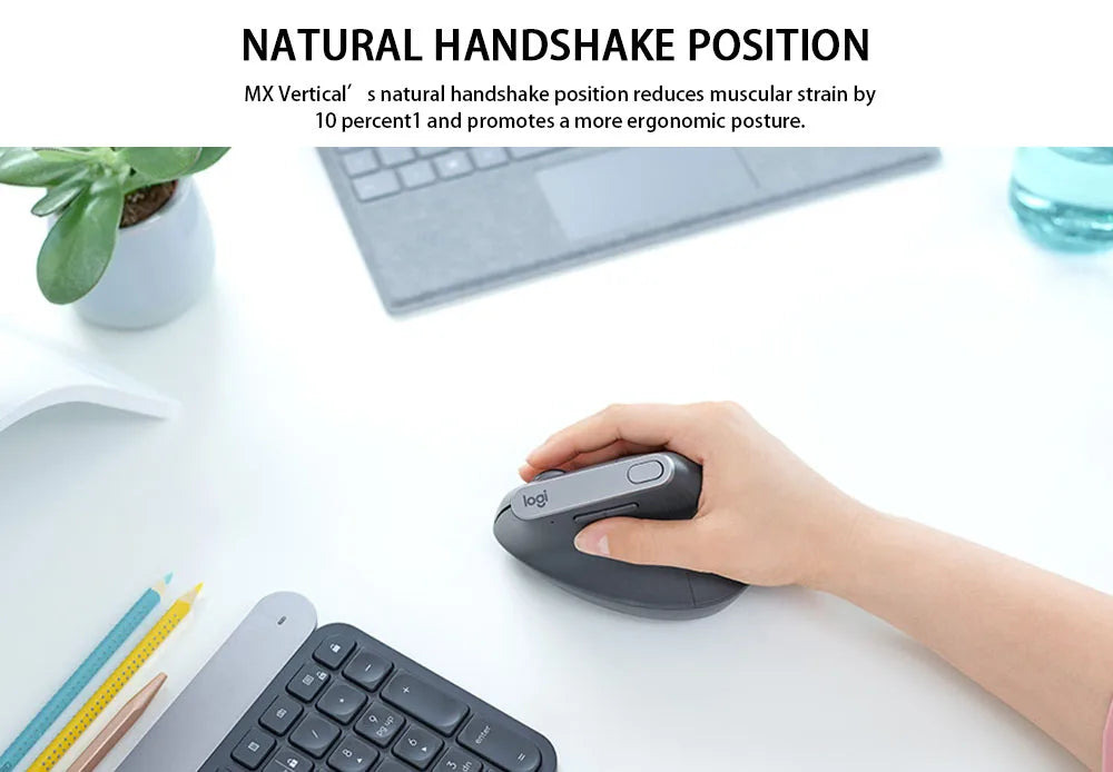 Logitech MX Vertical Wireless Mouse – Ergonomic Design Reduces Muscle Strain, Move Content Between 3 Windows and Apple Computer