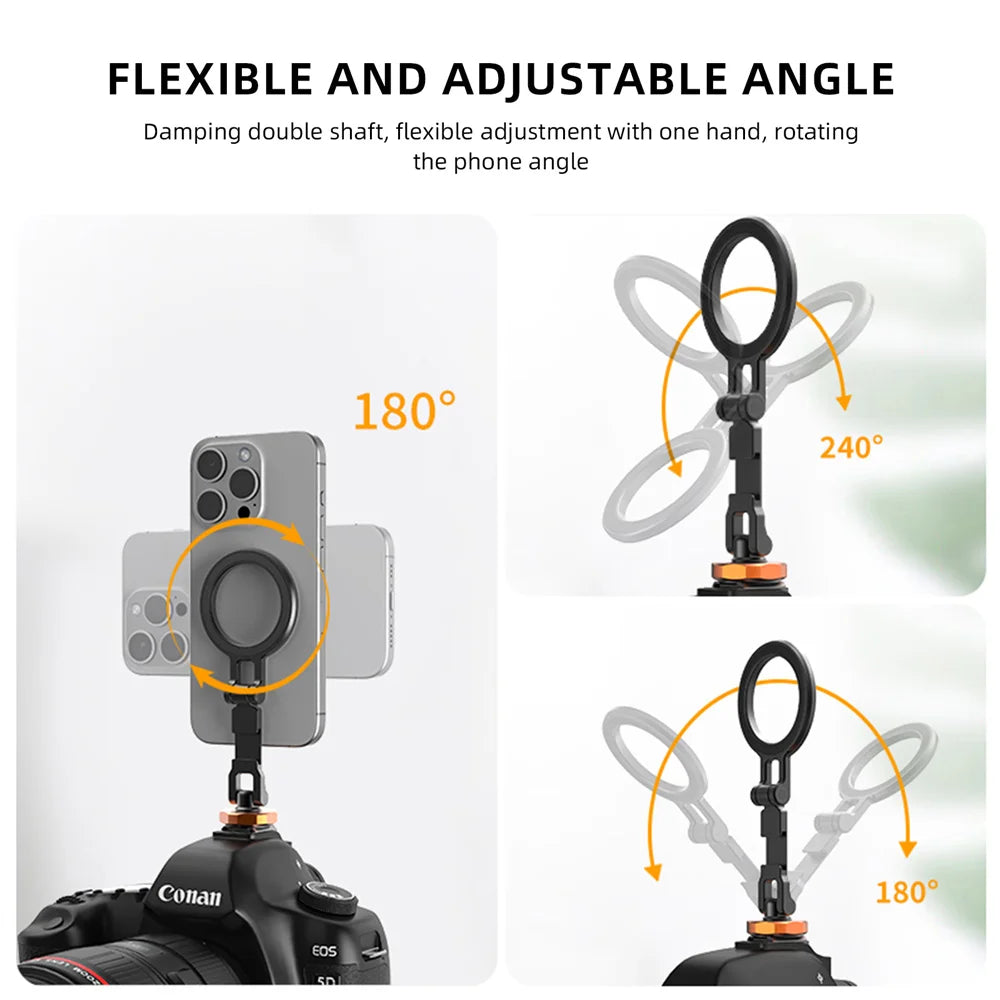 VRIG Magnetic Cold Shoe Mount Phone Holder W 1/4 Phone Tripod Mount for MagSafe iPhone 16 15 14 Samsung Camera Mic Light Monitor