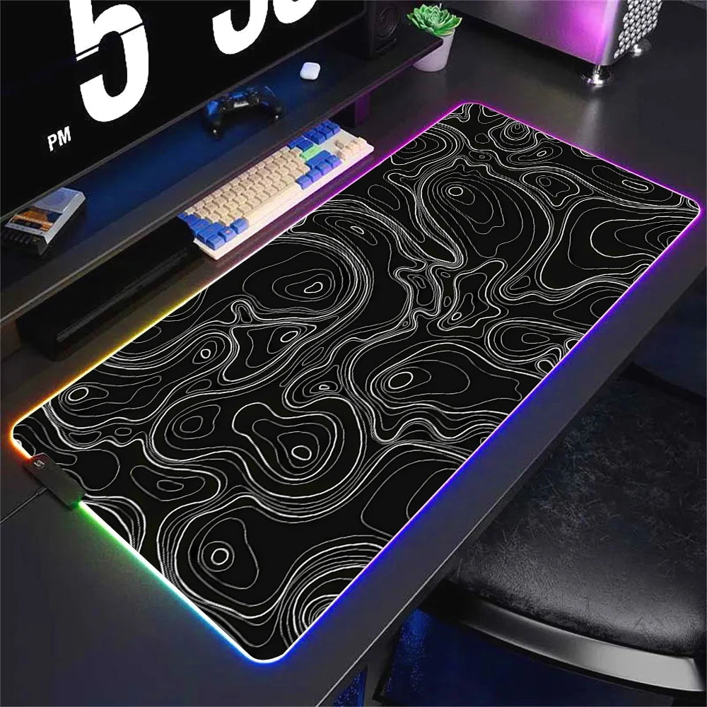 LED Desk Mat Black and White Lines RGB Computer Mouse Pad Gamer Cabinet Luminescence Abstract Mousepad Keyboard Gaming Deskmat