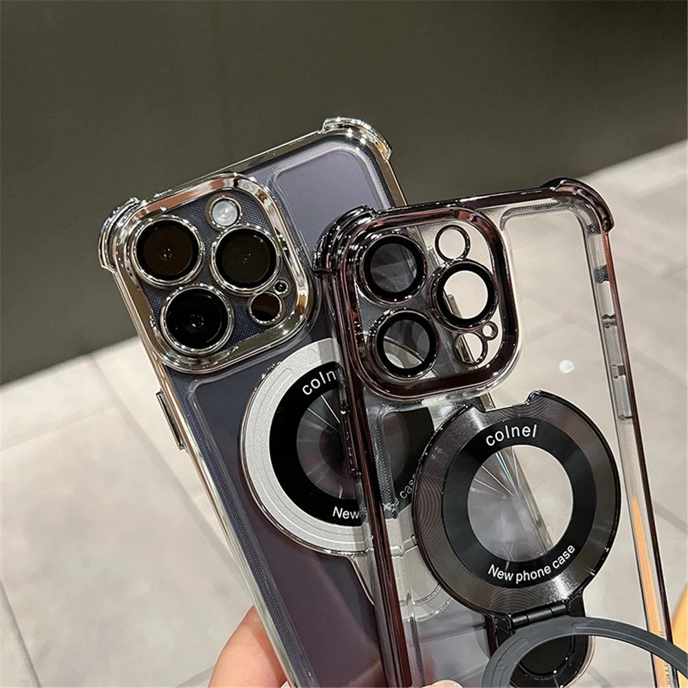 Luxury Plating Shockproof Magnetic Bracket For Magsafe Clear Case For iPhone 17 15 16 14 13 12 11Pro Max With Holder Stand Cover