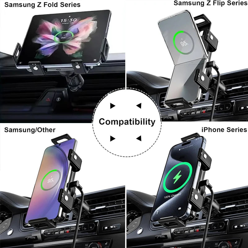 Dual Coil Fold Screen Car Wireless Charger For Samsung Galaxy Z Fold 7 6 5 4 S24 Flip iPhone 17 Pro Max Phone Holder Stand Mount