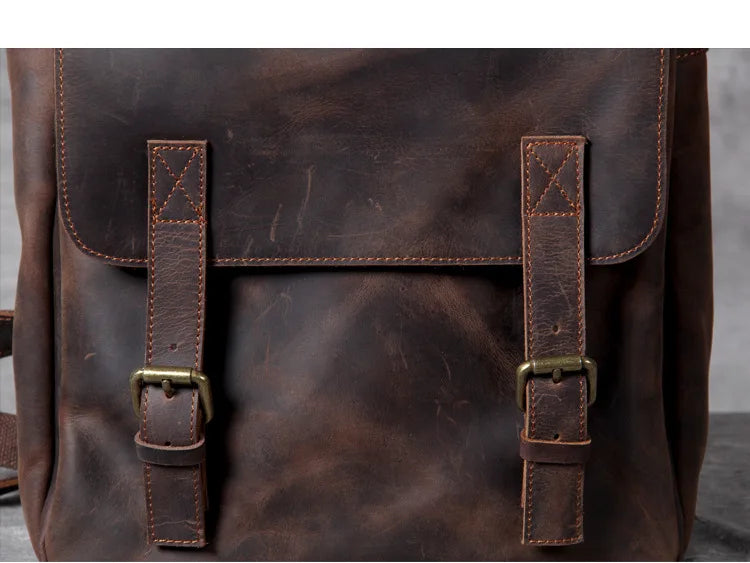 Vintage Crazy Horse Genuine Leather Backpack Men Bagpack Cowhide Hiking Backpack 17