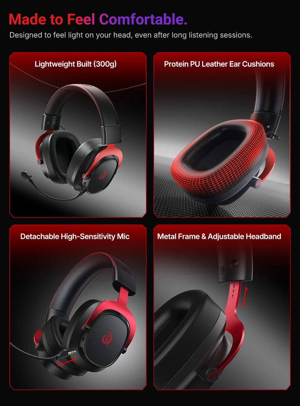 QCY Heroad VT200 Wireless Gaming Headset Detach Mic Over ear Headphone Tri-Mode 7.1 Surround Sound for PC/PS4/PS5 Headset Gamer