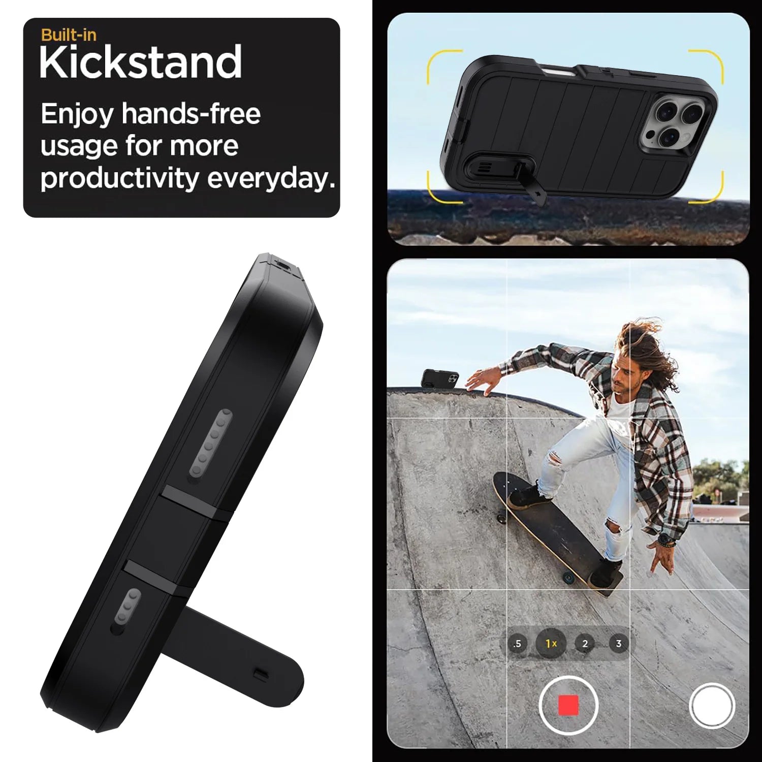 For iPhone 11 12 13 14 15 16 Plus Pro Max Case Heavy Duty Shockproof Hybrid Rugged Kickstand Cover Black