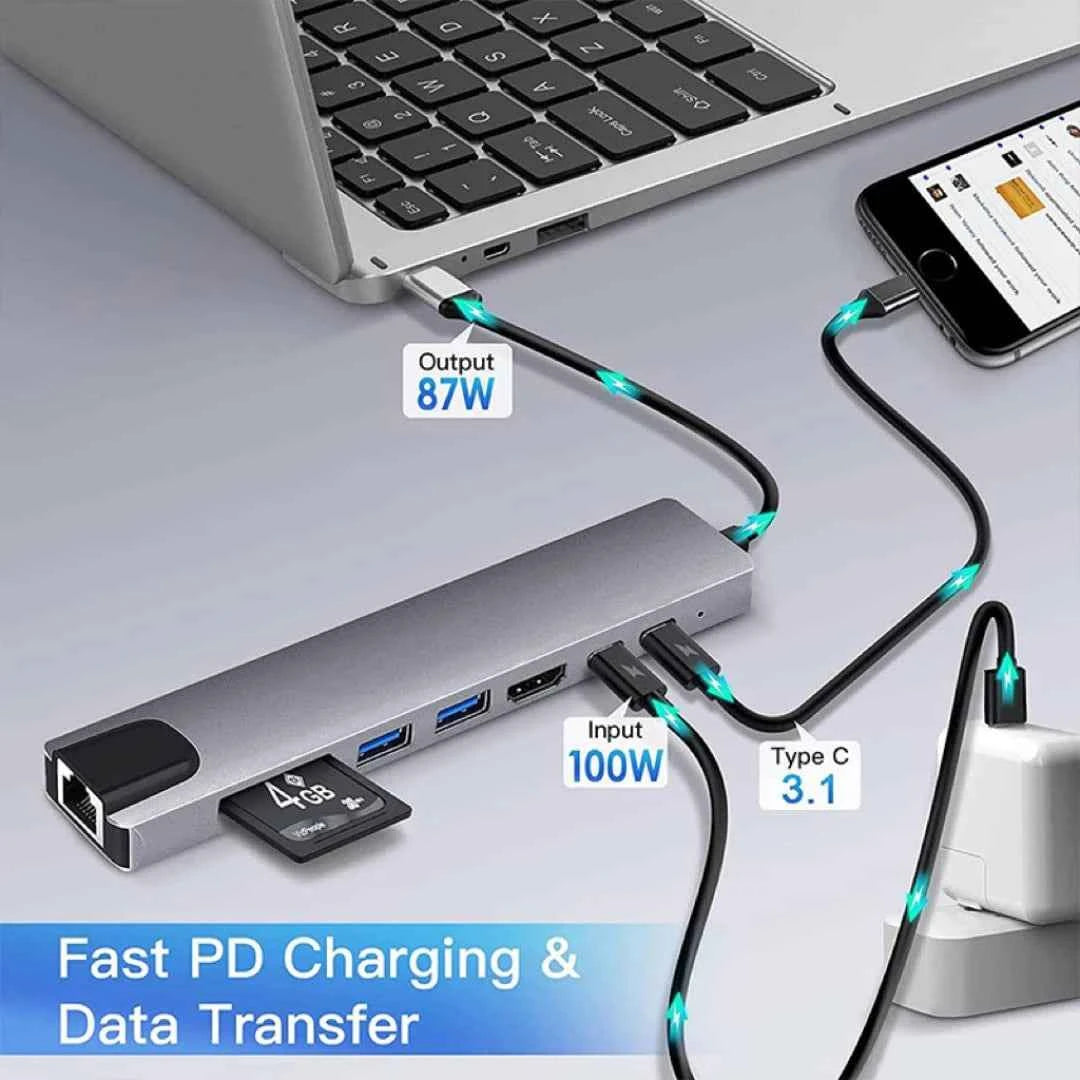 8 in 1 USB C Hub Type C to 4K HDTV Adapter for Gaming with RJ45 SD/TF Card Reader and Fast Charger for MacBook Notebook Windows Laptop Computer