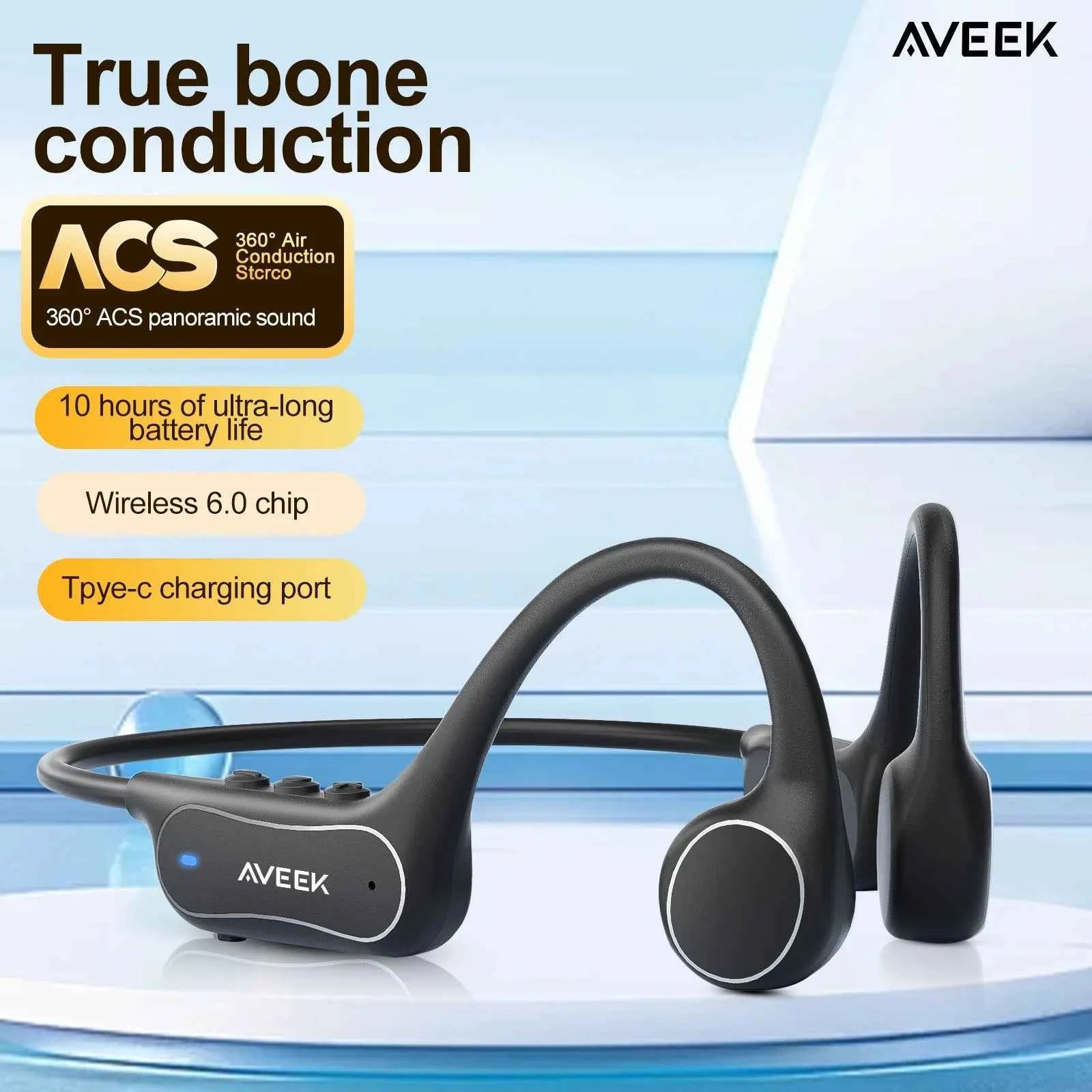 Aveek Bone Conduction Wireless Earbuds Waterproof Sports Earbuds 10-Hour Long Battery Life Designed for Outdoor Sports