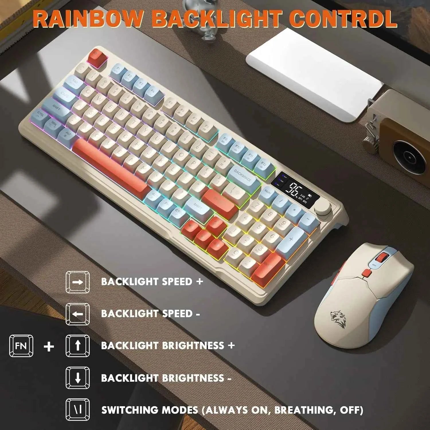 MAMBASNAKE x FREEWOLF T96 Smart Display Wireless Membrane Keyboard and Mouse Comb, 94Key LED Lighting Rechargeable Silent
