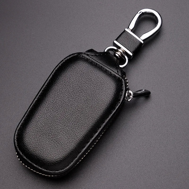 Genuine Cowhide Car Key Case Universal Zipper Leather Key Holder Portable Waist Hanging Auto Remote Fob Key Bag