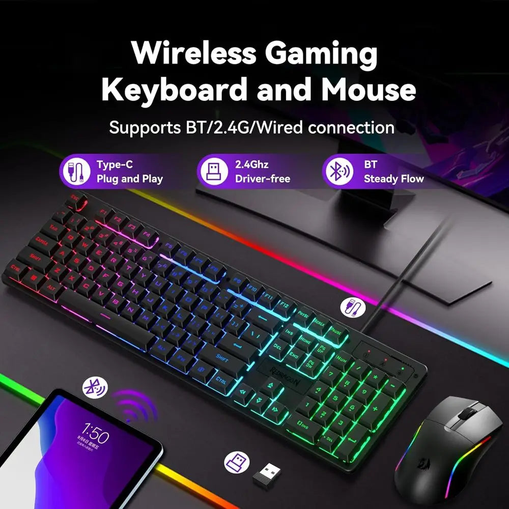 Wireless RGB Gaming Keyboard and Mouse Combo, 3 Modes, 10,000 DPI Mouse, 65g Lightweight, 25-Key Anti-Ghosting for PC