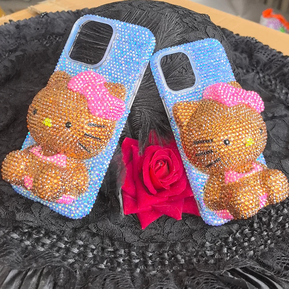 Christmas Hello Kitty Rhinestone Crystal Phone Case Chain For iPhone17 16 15 14 13 12 11Pro Max X Xs XR 7 8 Plus Transparent